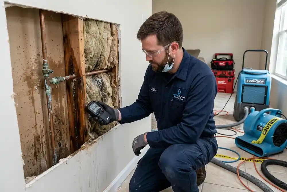 Emergency restoration technician inspecting burst copper pipe water damage inside wall cavity with moisture meter in Inglewood CA