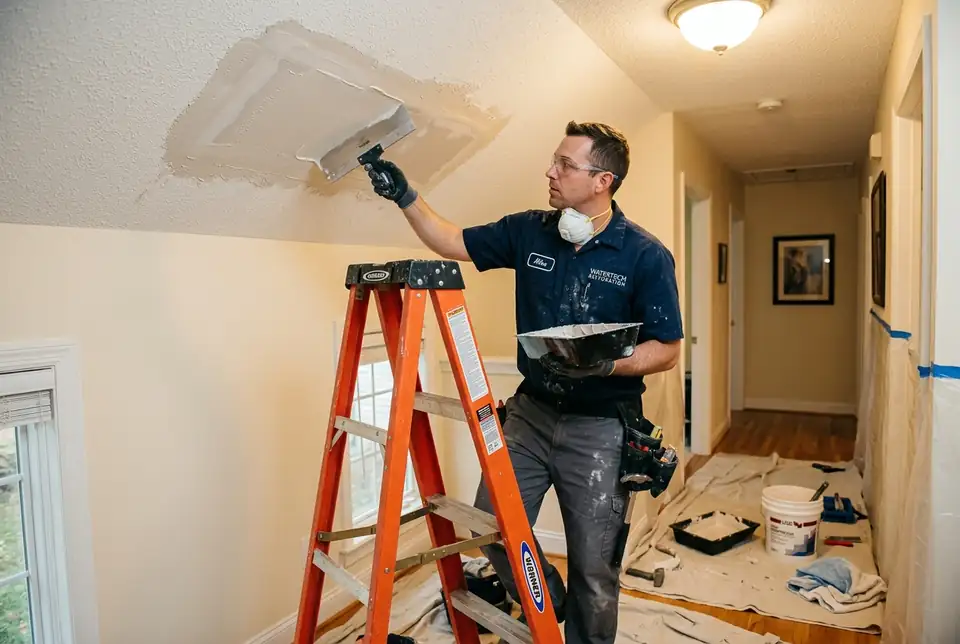 Water damage restoration specialist repairing and finishing drywall texture on water-damaged ceiling in Inglewood CA