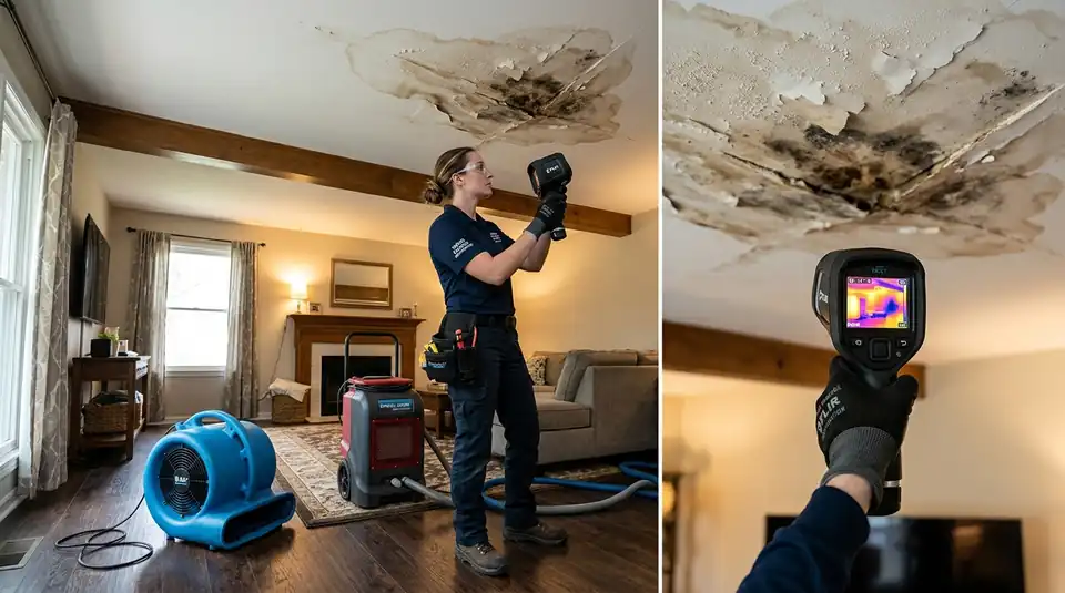 Ceiling water damage repair and joist framing drying in Inglewood, CA