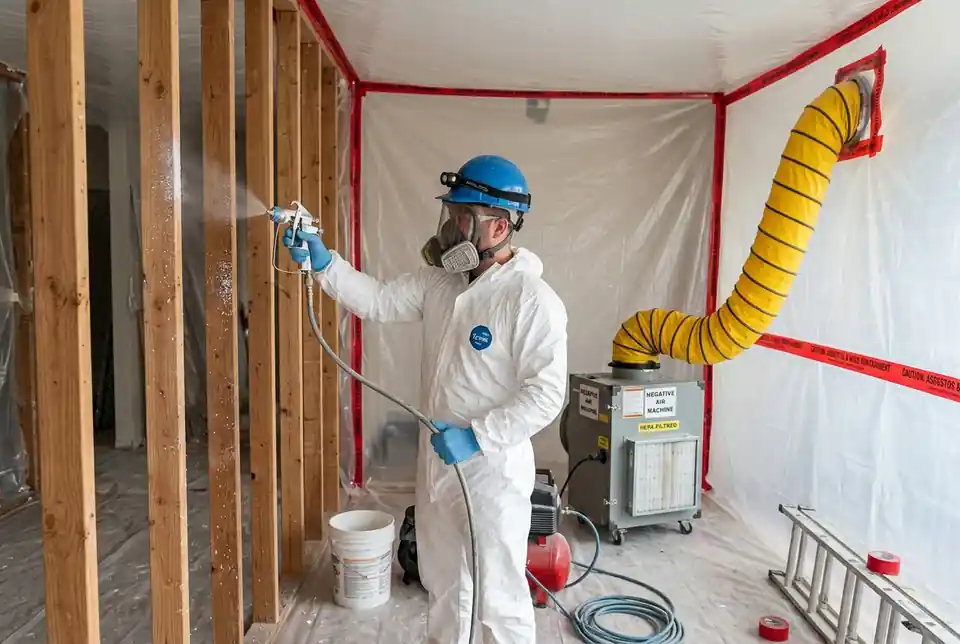 Certified remediation technician spraying antimicrobial encapsulation on wall framing inside plastic containment